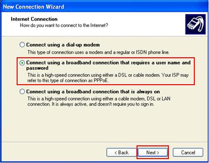 DSL or Cable PPPoE broadband connection with username password