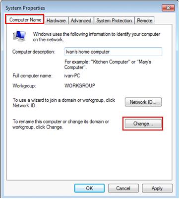 change computer name and workgroup in Windows 7