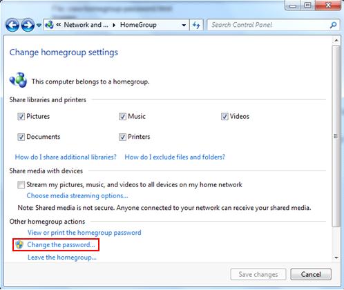 change homegroup password for file or printer sharing