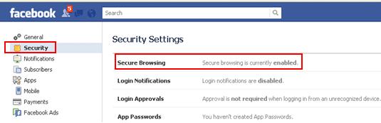enable secure browsing in Facebook