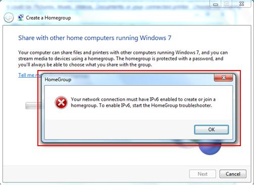 IPv6 is required to join or create homegroup