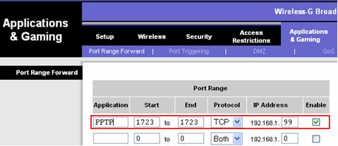 PPTP VPN port forwarding - port TCP-1723