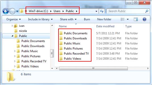 public folder location in Windows 7