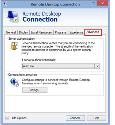 remote desktop client advanced tab