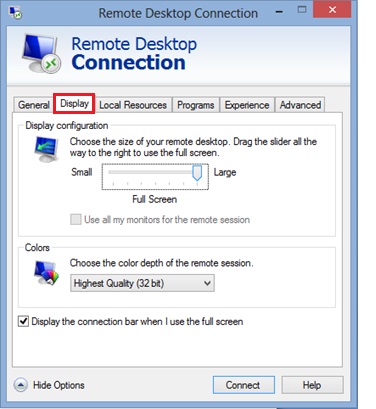 Windows 8 remote desktop client display tab