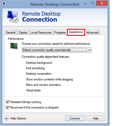 remote desktop client experience tab