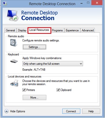 remote desktop client local resources tab