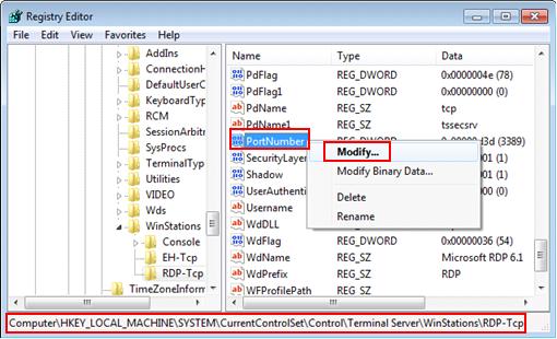 remote desktop port subkey in registry