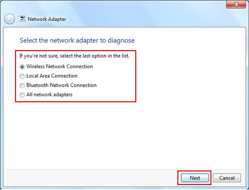 select the network adapter to diagnose