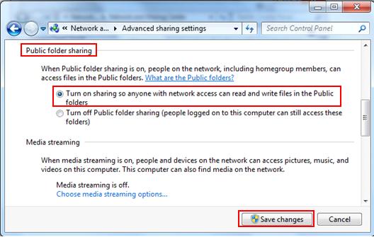 turn on public folder sharing settings