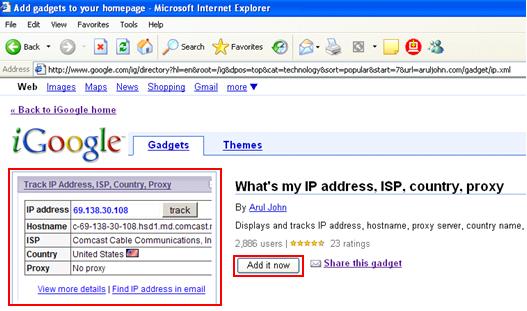 iGoogle - What's my IP address, ISP, country, proxy