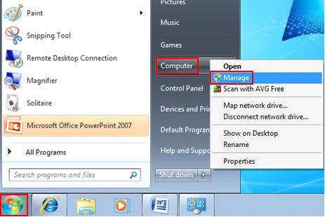 manage computer in Windows 7