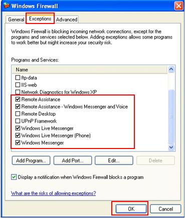 Windows Firewall Exception for Live Messenger Remote Assistance