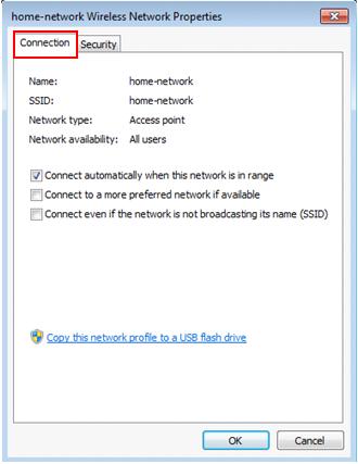 Windows 7 wireless network properties - connection tab