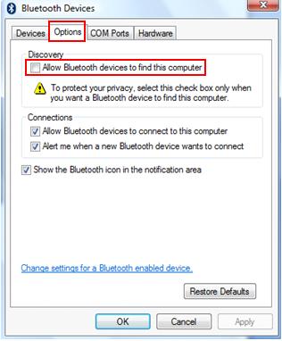 allow Bluetooth devices to find this computer