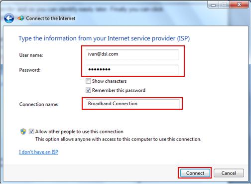 Set up broadband PPPoE with username and password