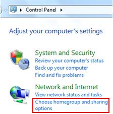 choose homegroup and sharing options in Windows 7