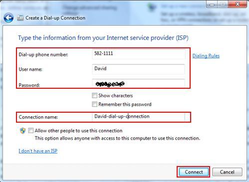 create dial up connection in Windows 7