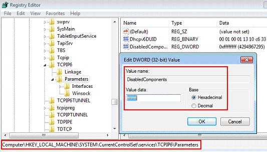 disable IPv6 in registry in Windows 7