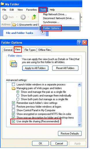 enable simple file sharing feature in Windows XP