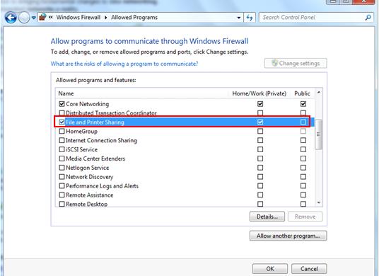 enable file and printer sharing in Windows firewall