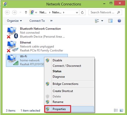 wired or wireless network adapter properties