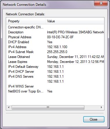 network connection details in Windows 7