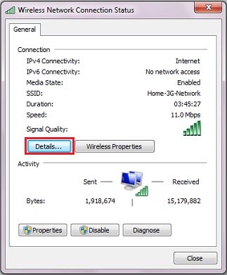 wired or wireless network connection status
