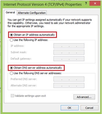 obtain IP address automatically in Windows 8