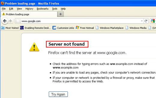 DNS problem Internet problem - server not found