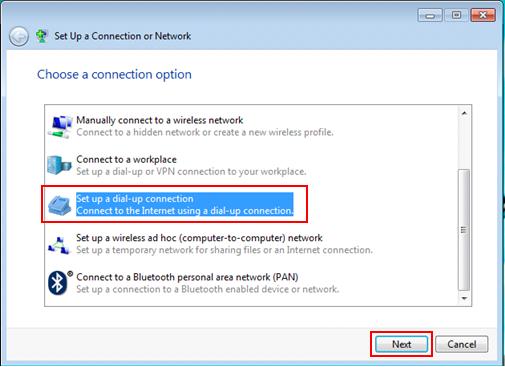 Windows 7 - set up dial up connection