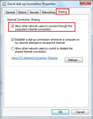 share dial up internet connection in Windows 7