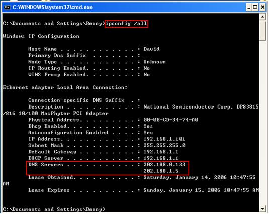 Show DNS server details on computer