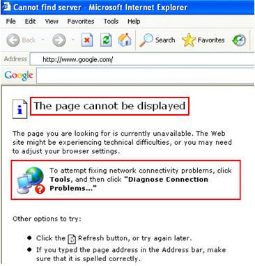Internet problem - the page cannot be displayed