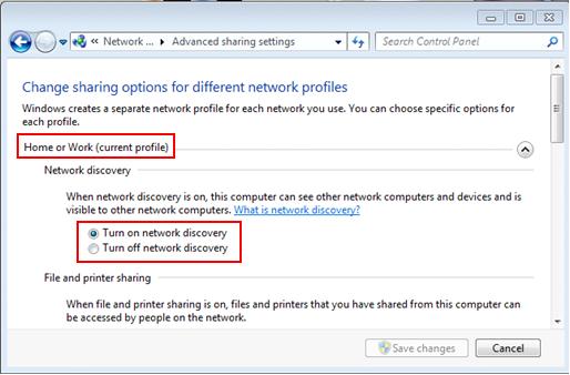 Windows 7 - turn on or off network discovery