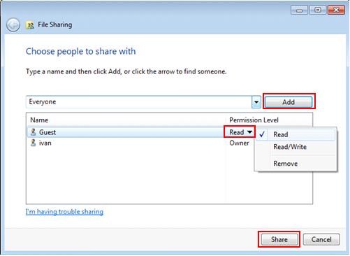 win7 file sharing - choose people to share with