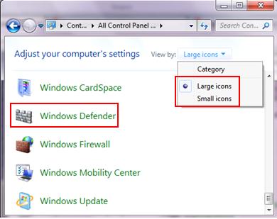 Windows Defender in Control Panel