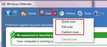 windows defender scans spyware, adware, worm, virus, harmful software